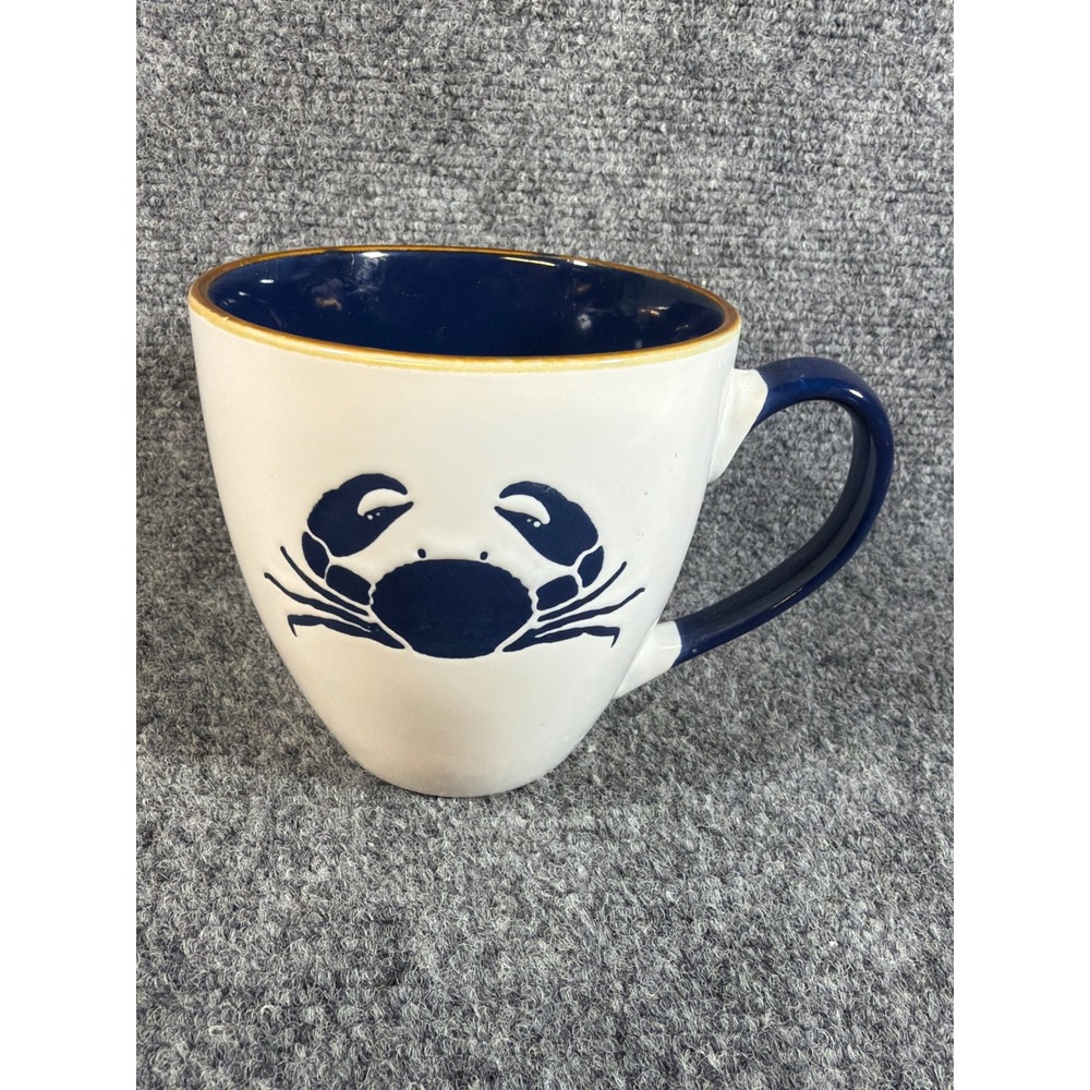 Blue Crab Nautical Stoneware Coffee Mug Navy Blue Cream Coastal Decor